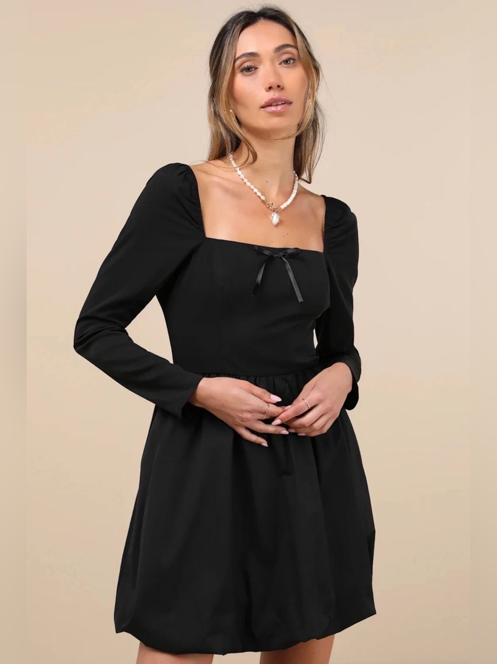 Lulus Darling Picture Black Bow Bubble Hem Black Mini Dress Small NWT